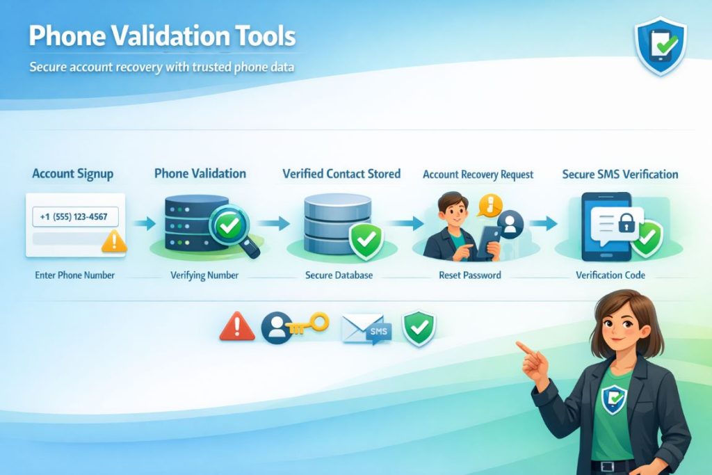 Phone validation tools infographic showing verified phone numbers improving secure account recovery