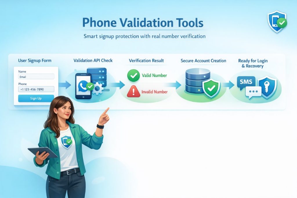 Phone validation tools infographic showing phone number verification during the user registration flow