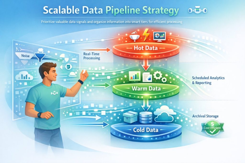 Scalable data pipeline infographic showing hot, warm, and cold data classification for efficient data processing and cost optimization