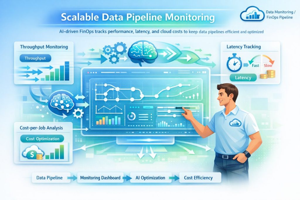 Scalable data pipeline monitoring dashboard showing throughput, latency, and cost optimization using automated FinOps and AI analytics