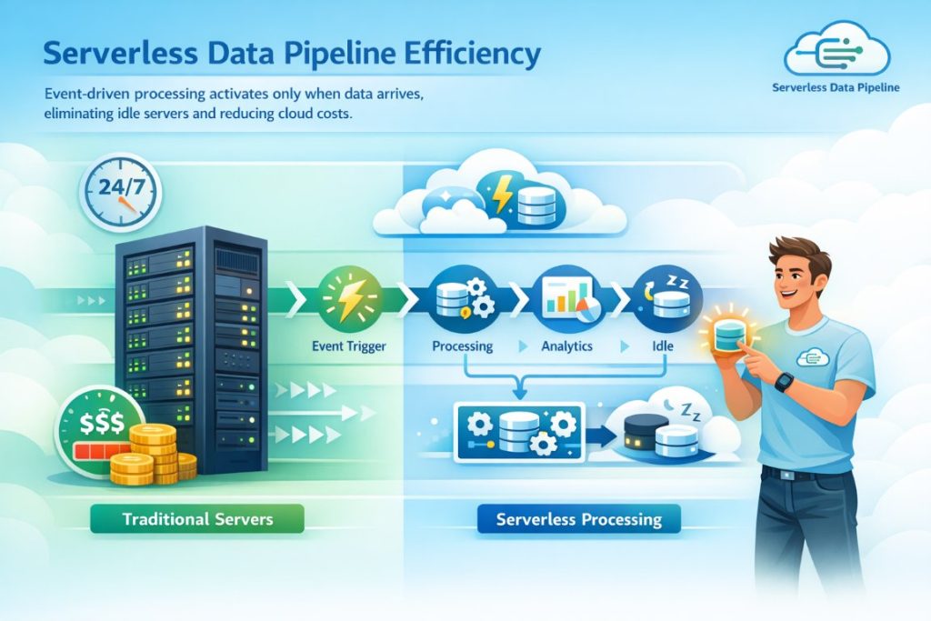 Scalable data pipeline using serverless and event-driven processing to reduce cloud costs and activate computing only when data arrives