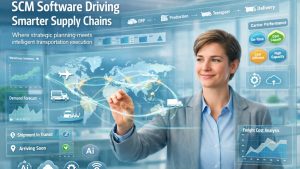 SCM software dashboard integrated with TMS software showing supply chain planning, shipment tracking, freight optimization, and real-time logistics analytics