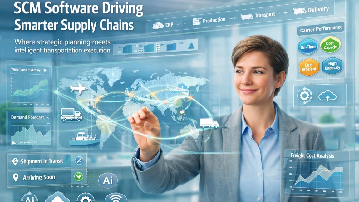 SCM software dashboard integrated with TMS software showing supply chain planning, shipment tracking, freight optimization, and real-time logistics analytics