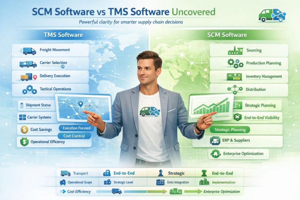SCM software vs TMS software infographic comparing scope, users, data focus, implementation complexity, and business impact in supply chain management