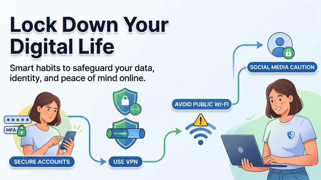 Simple ways to protect your online privacy including VPN, strong passwords, and secure browsing