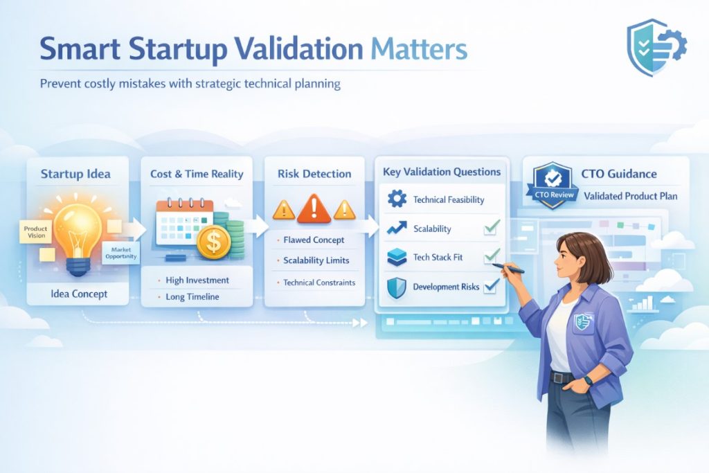 Infographic showing CTO guidance for startup idea validation including feasibility checks, scalability planning, cost estimation, and risk assessment