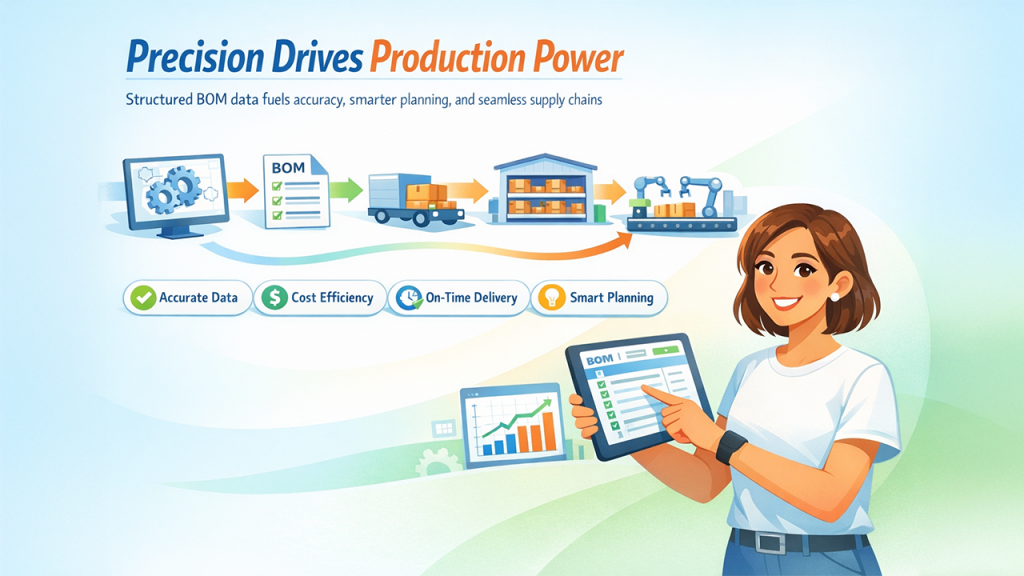 Structured product data and production accuracy using BOM and LMS systems in manufacturing