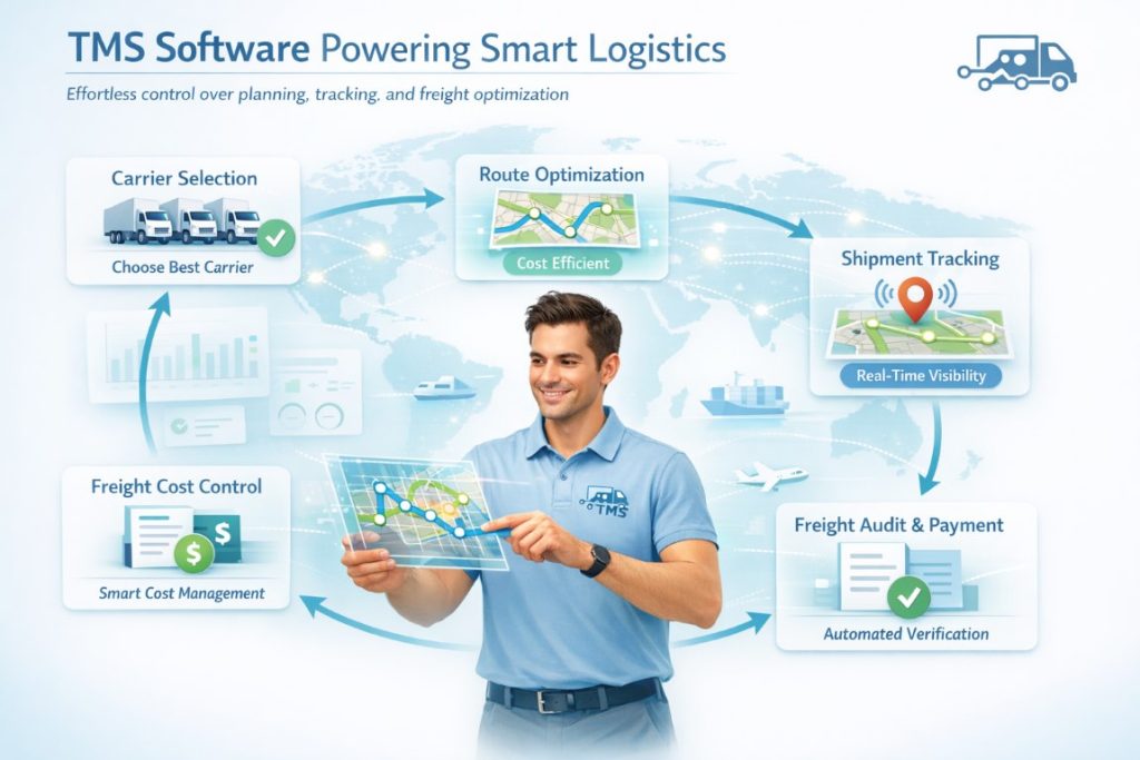 TMS software infographic showing transportation management workflow including carrier selection, route optimization, shipment tracking, and freight cost control