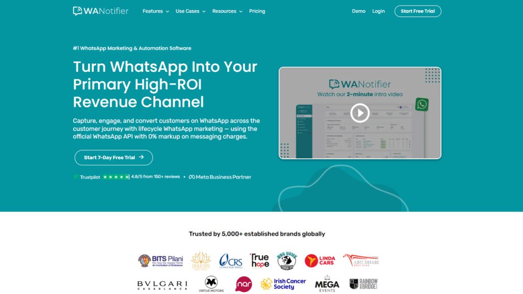 WANotifier WhatsApp automation software dashboard showing marketing campaign automation and chat workflows