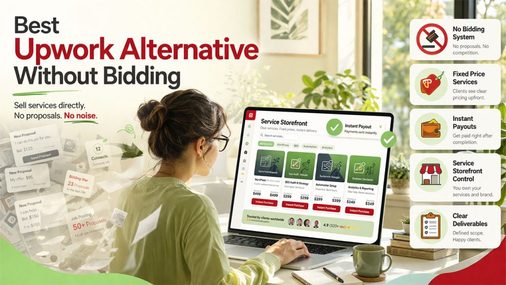 Upwork alternative without bidding noise offering fixed price services for freelancers