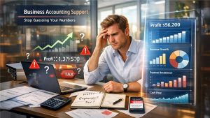 Business owner reviewing financial reports with professional accounting support