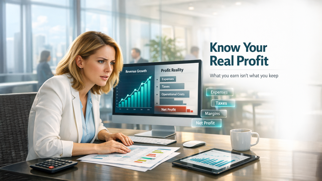 Professional analyzing profit and expenses on dashboard with accounting support