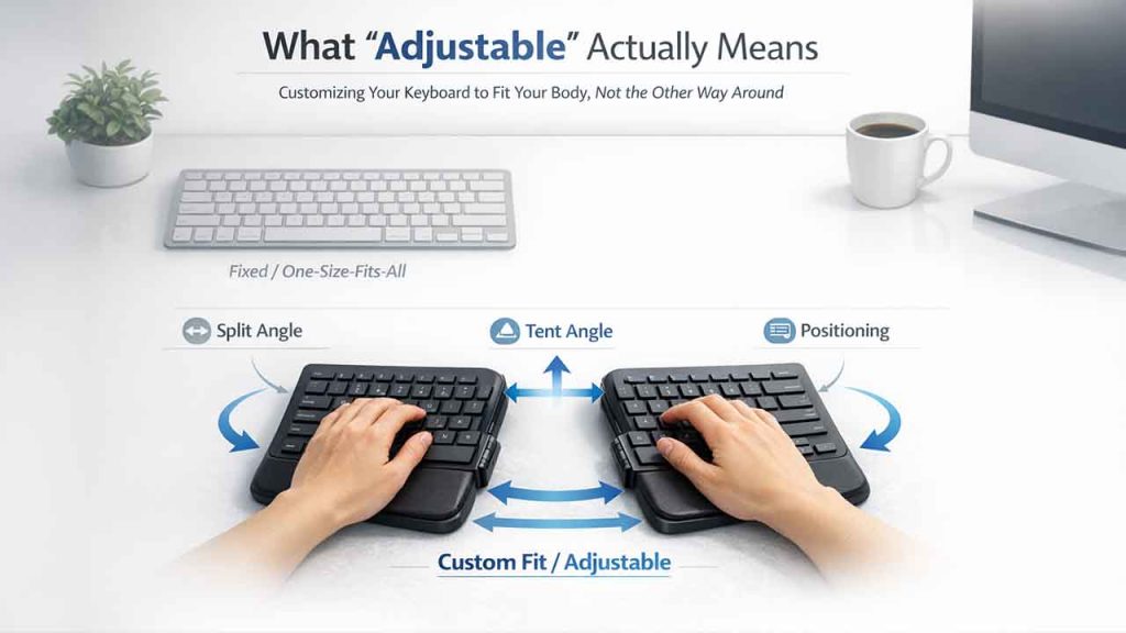 Adjustable ergonomic keyboards showing split angle and tent angle customization for better wrist alignment