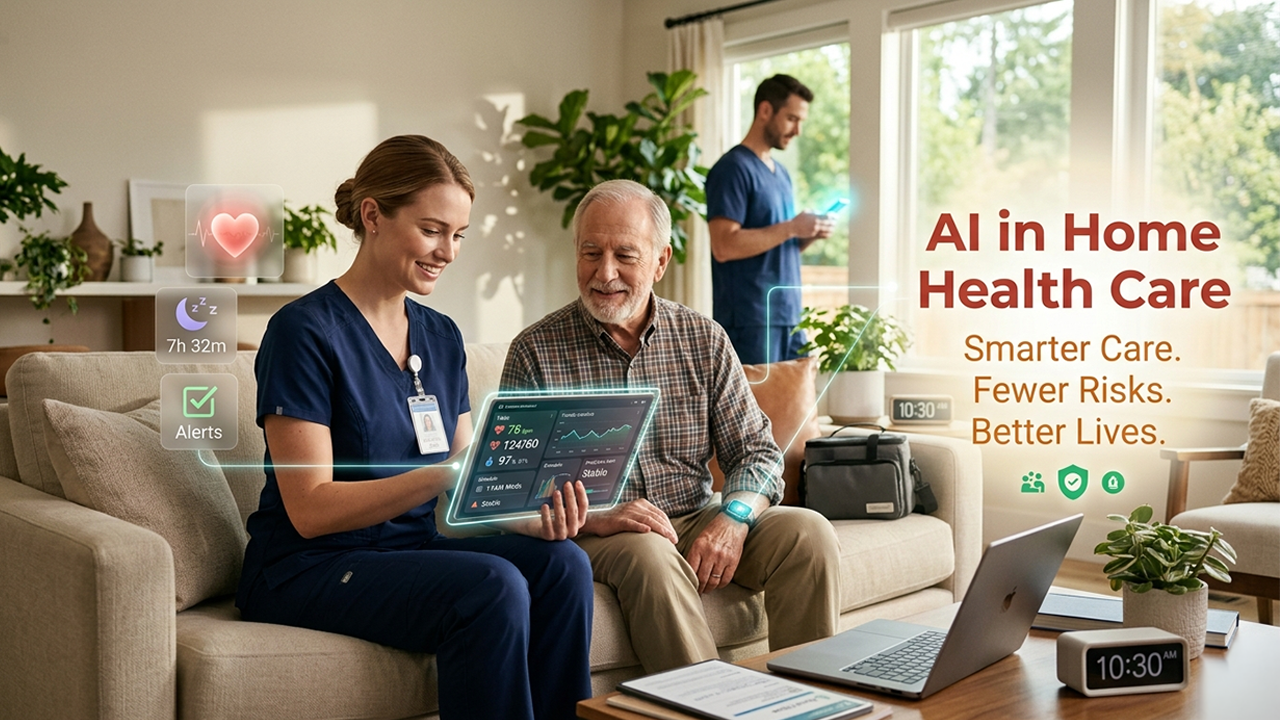 AI in home health care management showing smart patient monitoring and digital care coordination