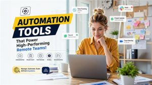 Automation tools dashboard showing project management, team collaboration, and workflow automation for remote teams