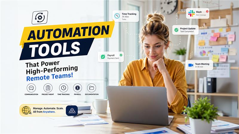 Automation tools dashboard showing project management, team collaboration, and workflow automation for remote teams