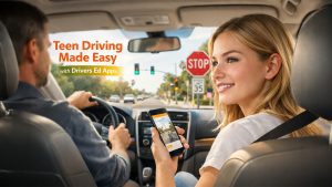 California drivers ed app showing mobile learning lessons and permit test preparation for teens