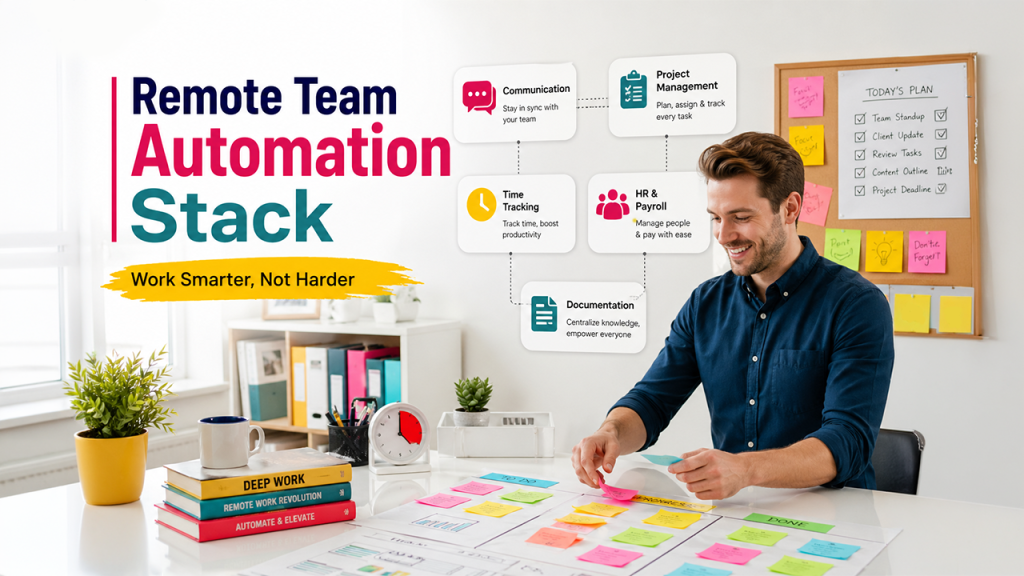 Categories of automation tools for remote teams including communication, project management, payroll, and documentation tools