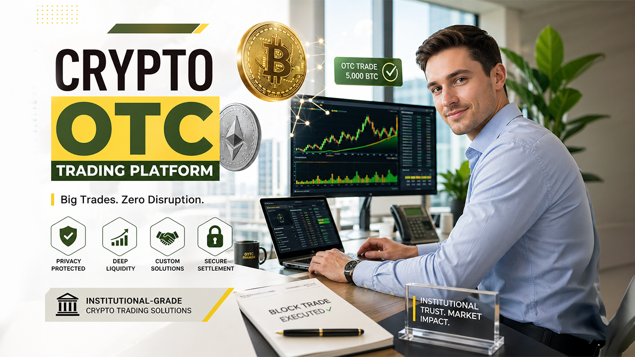 Crypto OTC trading platform showing institutional investors executing large-volume cryptocurrency trades with deep liquidity.