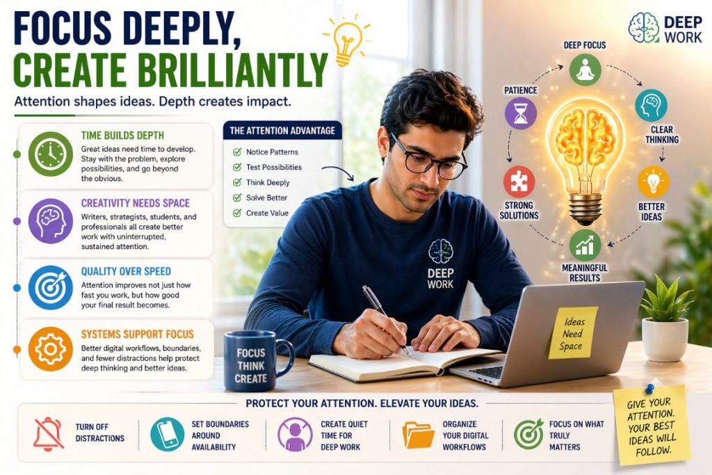 Deep work infographic showing how focused attention improves idea quality, creativity, and meaningful results