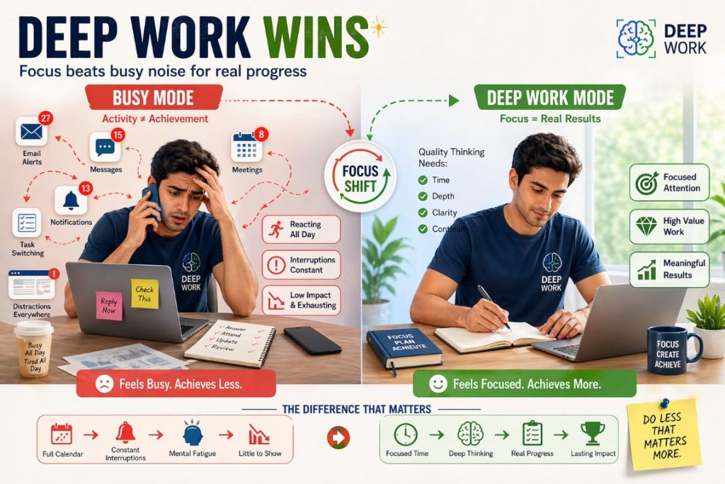 Deep work infographic showing busy vs effective workflow with focus improving productivity and reducing distractions
