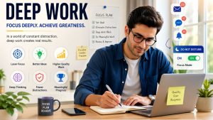 Deep work focused professional reducing distractions and improving productivity in a modern digital workspace