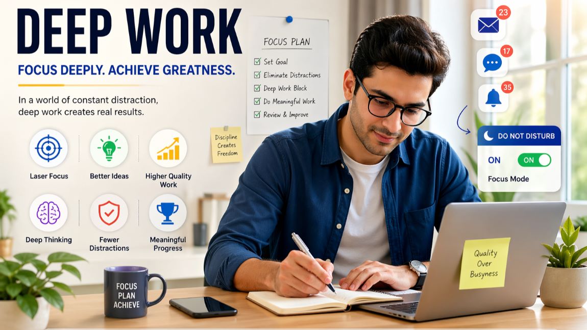 Deep work focused professional reducing distractions and improving productivity in a modern digital workspace