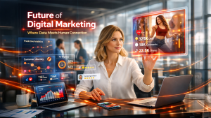 Digital marketing strategies for fast-growing businesses in 2026 showing data analytics, social media, and customer engagement
