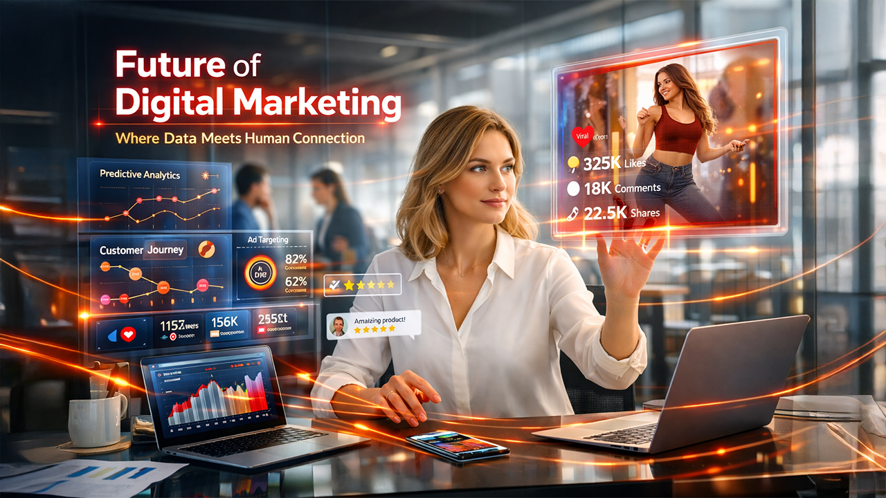 Digital marketing strategies for fast-growing businesses in 2026 showing data analytics, social media, and customer engagement