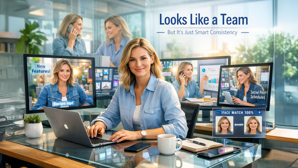 Face Swap AI creating consistent visuals that make startups appear like a full creative team