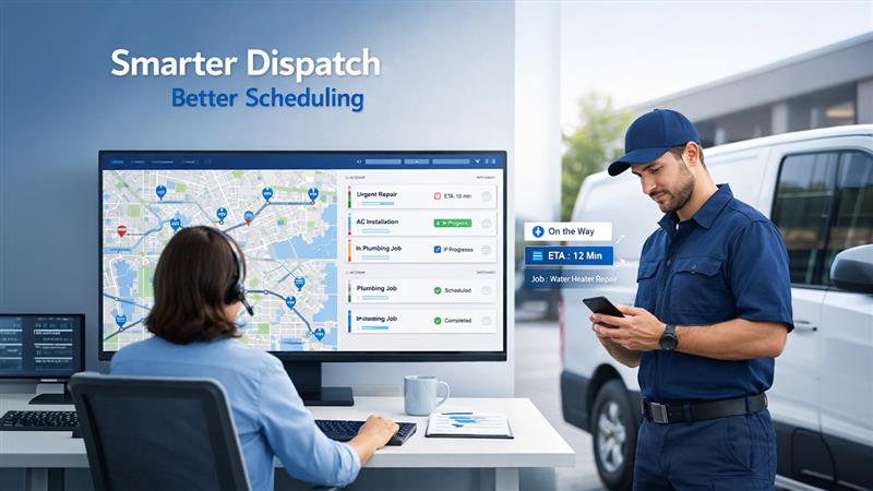 Job dispatch software dashboard showing real-time technician scheduling and field service management workflow
