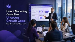 Marketing consultant analyzing business data to identify growth gaps and improve strategy