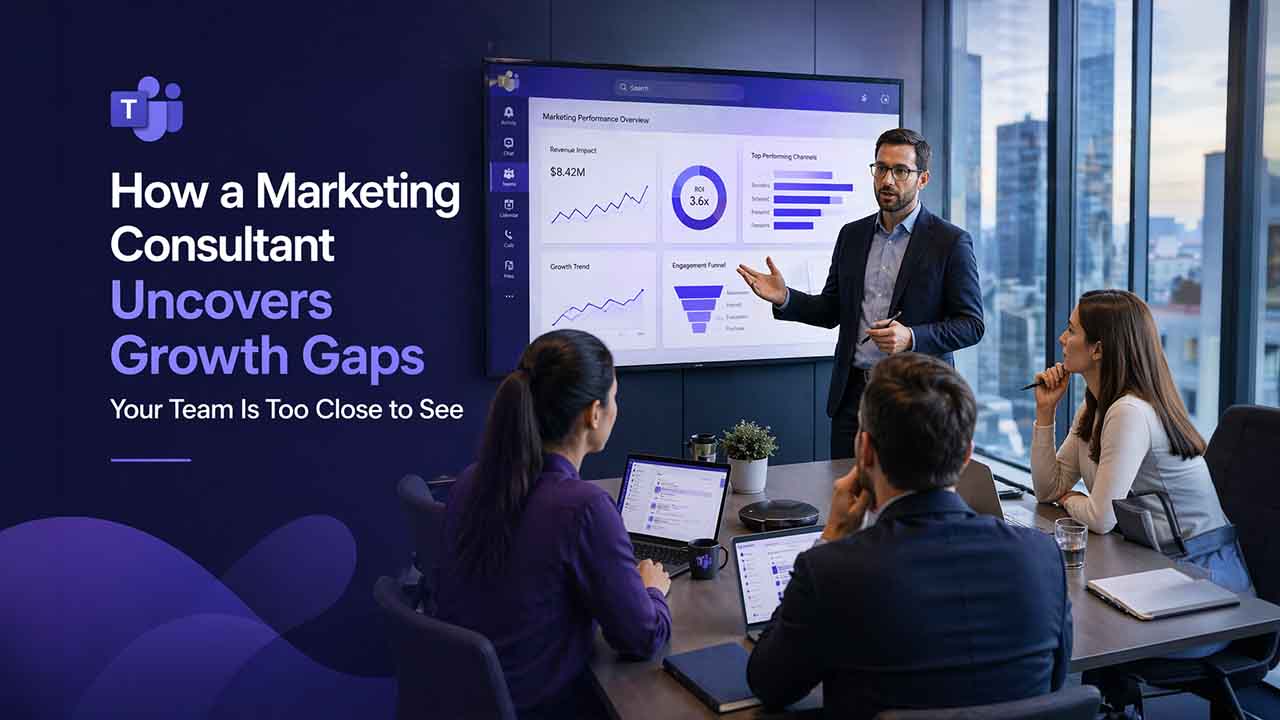 Marketing consultant analyzing business data to identify growth gaps and improve strategy