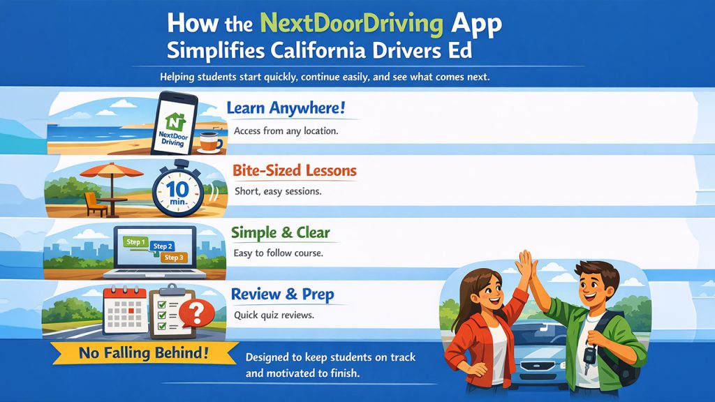 NextDoorDriving app simplifying California drivers ed with short mobile lessons and progress tracking for students