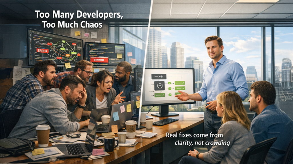 Node.js consulting showing how adding more developers can slow down a failing project