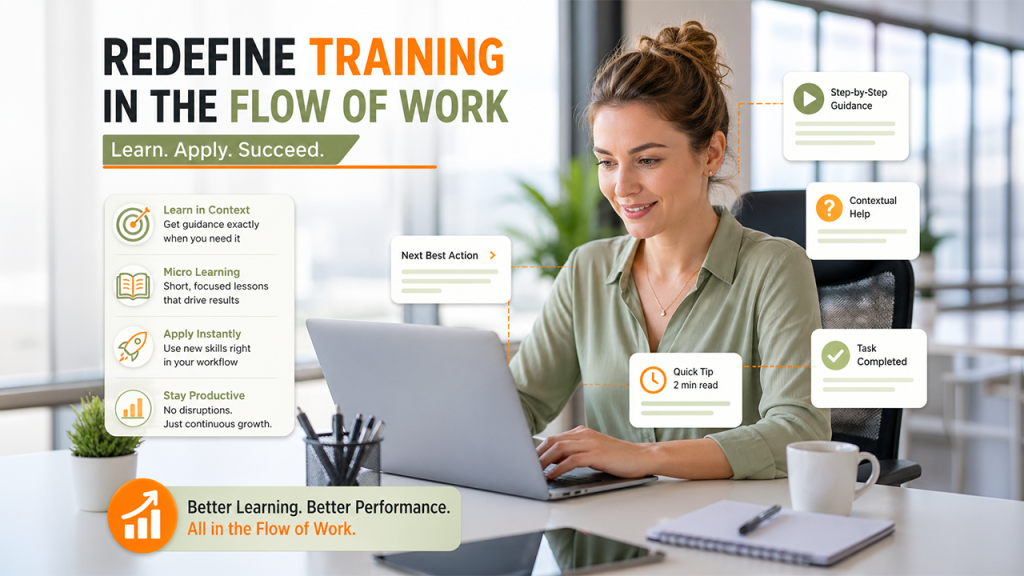 Employees using enterprise software with in-workflow training and real-time guidance
