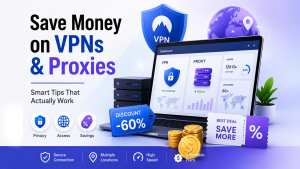 Illustration showing VPNs and proxies helping users save money while maintaining privacy and secure internet access
