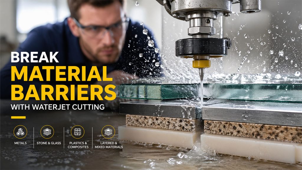 Waterjet technology cutting multiple materials including metal, glass, and composites with precision