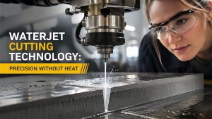 Industrial waterjet technology machine performing precision cutting on metal material