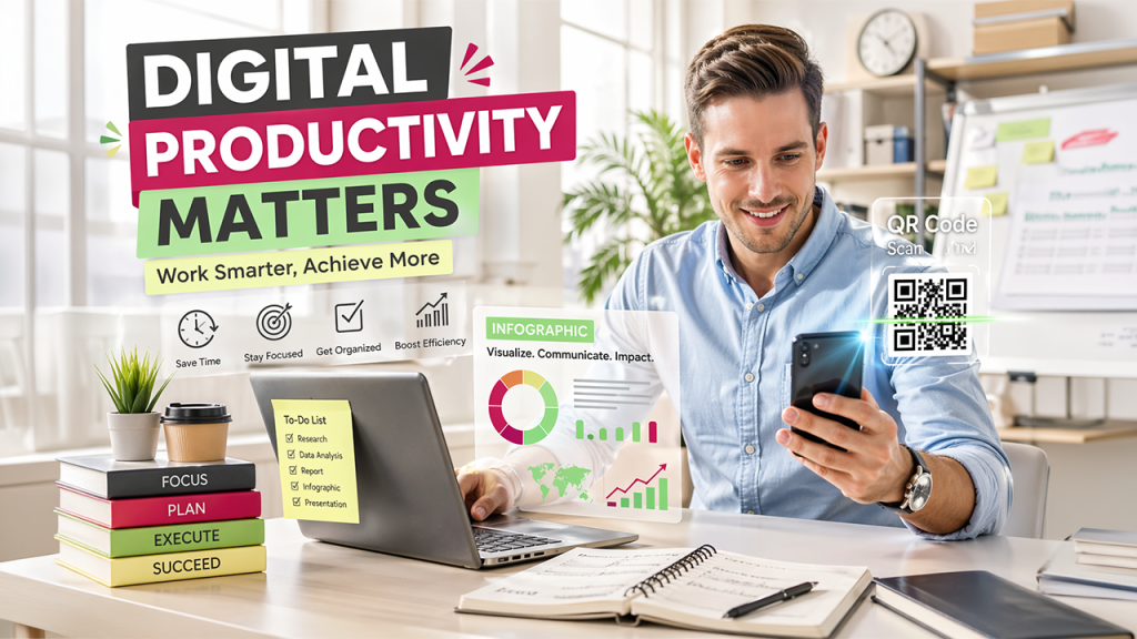 Why digital productivity matters with tools improving efficiency, saving time, and streamlining daily tasks