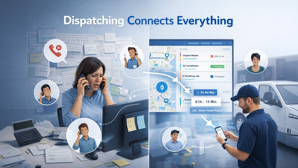 Job dispatch software illustrating dispatching workflow beyond scheduling with real-time updates and field coordination