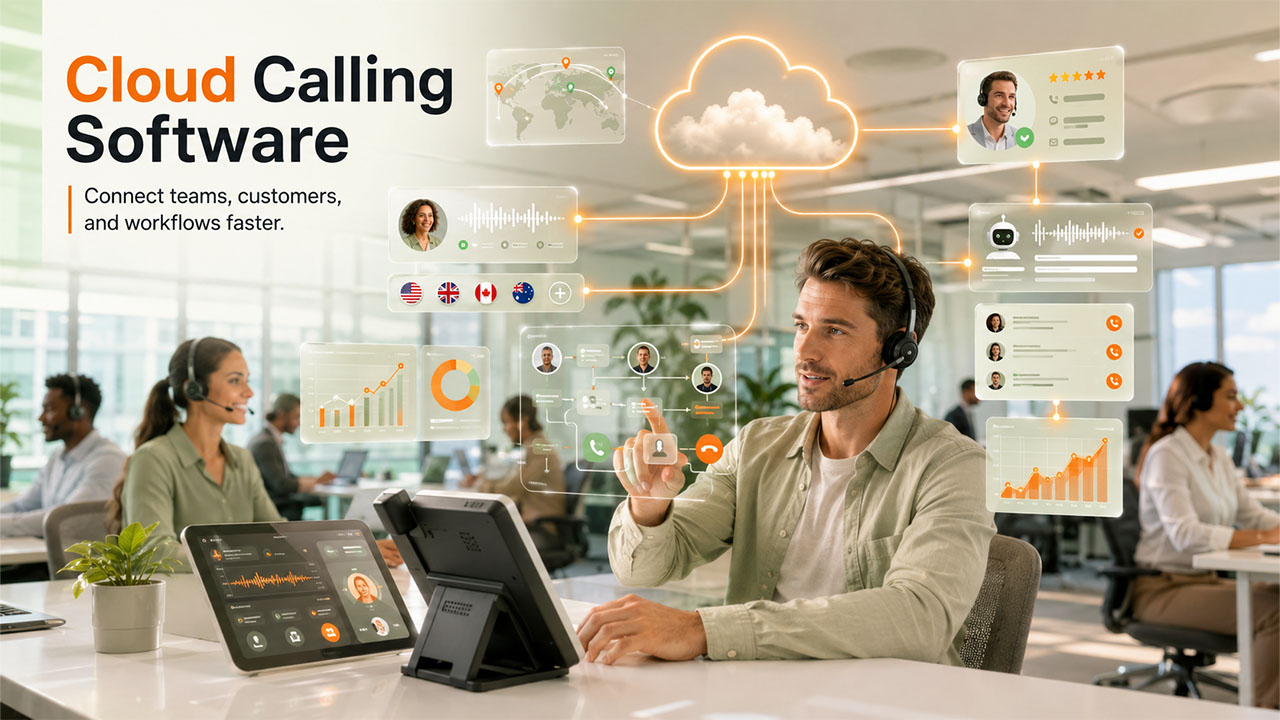 Dashboard of cloud business phone systems showing call analytics, AI features, and CRM integrations for growing teams