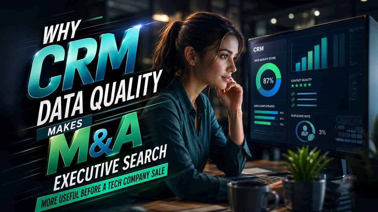 CRM data quality dashboard supporting M&A executive search and tech company sale preparation