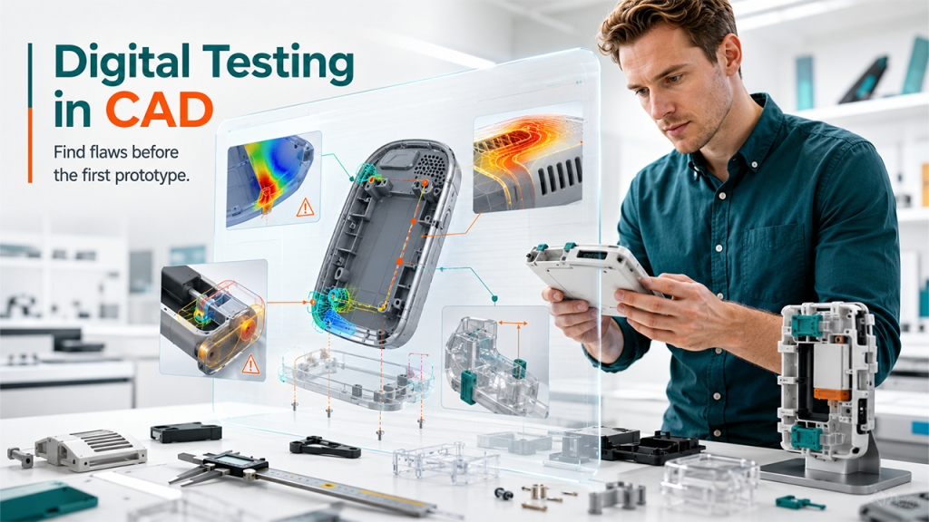 Engineer using 3D modeling tools for digital testing and product design analysis