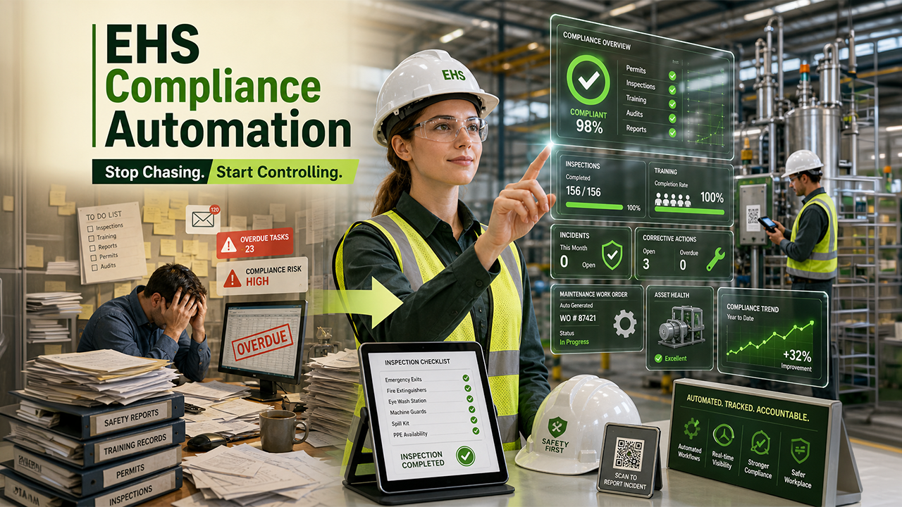 EHS regulatory compliance automation software dashboard showing inspections, audits, and safety tracking