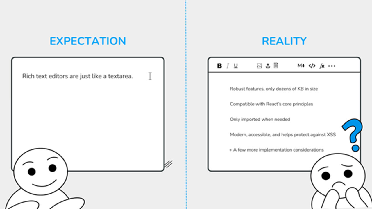 Developer comparing the simplicity and complexity of React Rich Text Editor integration in modern web applications