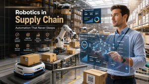 Robotics in supply chain efficiency with automated warehouse robots handling inventory and logistics operations