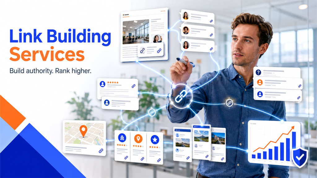 Types of link building services including guest posting, crowd marketing, and backlink outreach