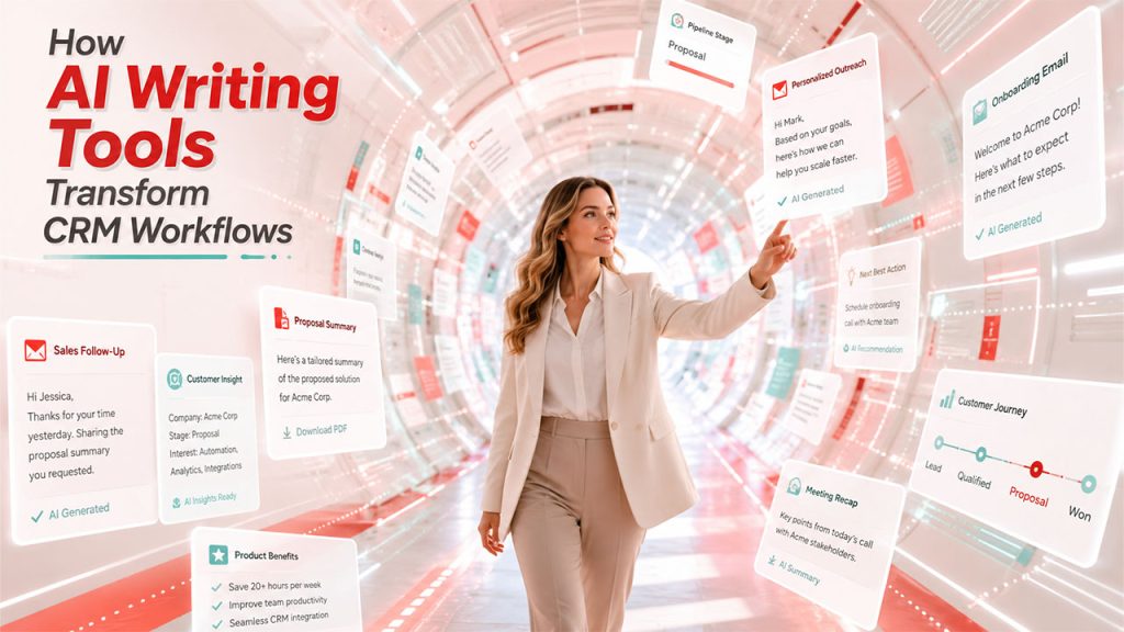 AI writing tools automating emails, customer follow-ups, onboarding content, and sales communication inside business workflows
