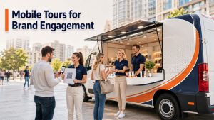 Mobile tours for brand engagement showcasing a branded marketing vehicle interacting with customers as part of a digital marketing campaign.